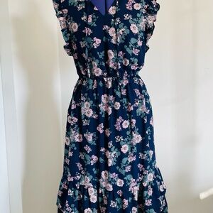 Floral Midi Dress in Navy with Pink and Green
